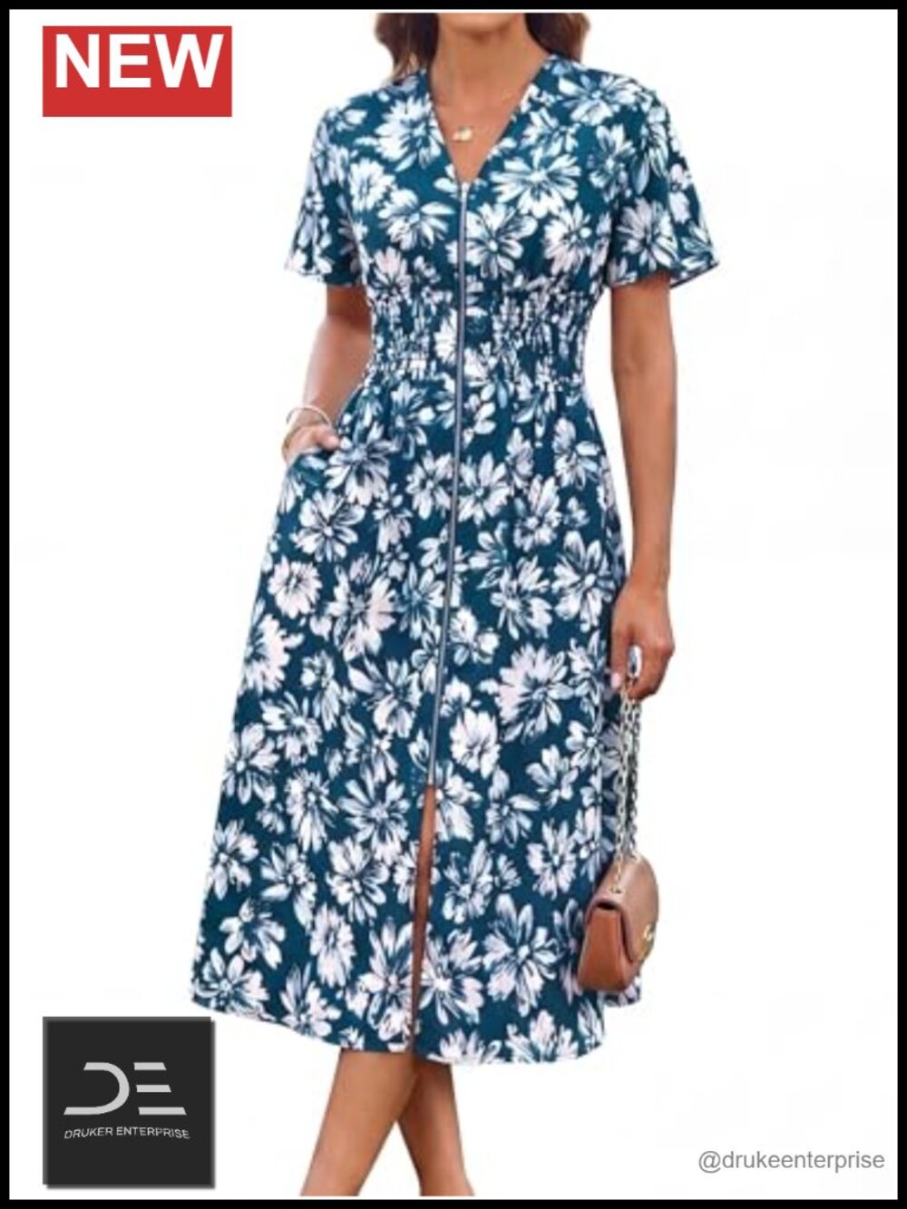 Women's Floral Maxi Dress Flutter Sleeve V-Neck Zip Front Casual Sundress